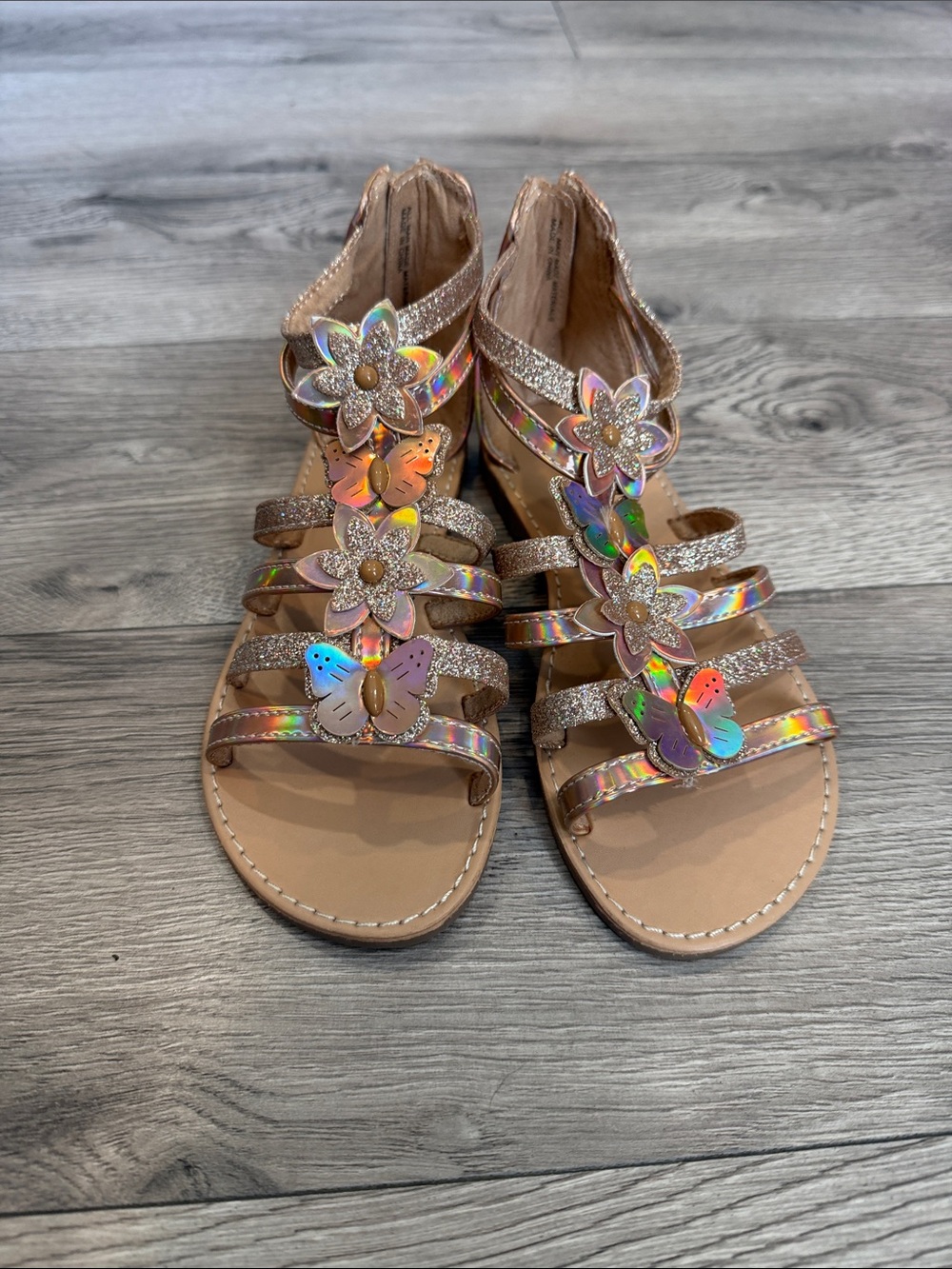 Girls' Holographic Flower & Butterfly Gladiator Sandals - Rose Gold